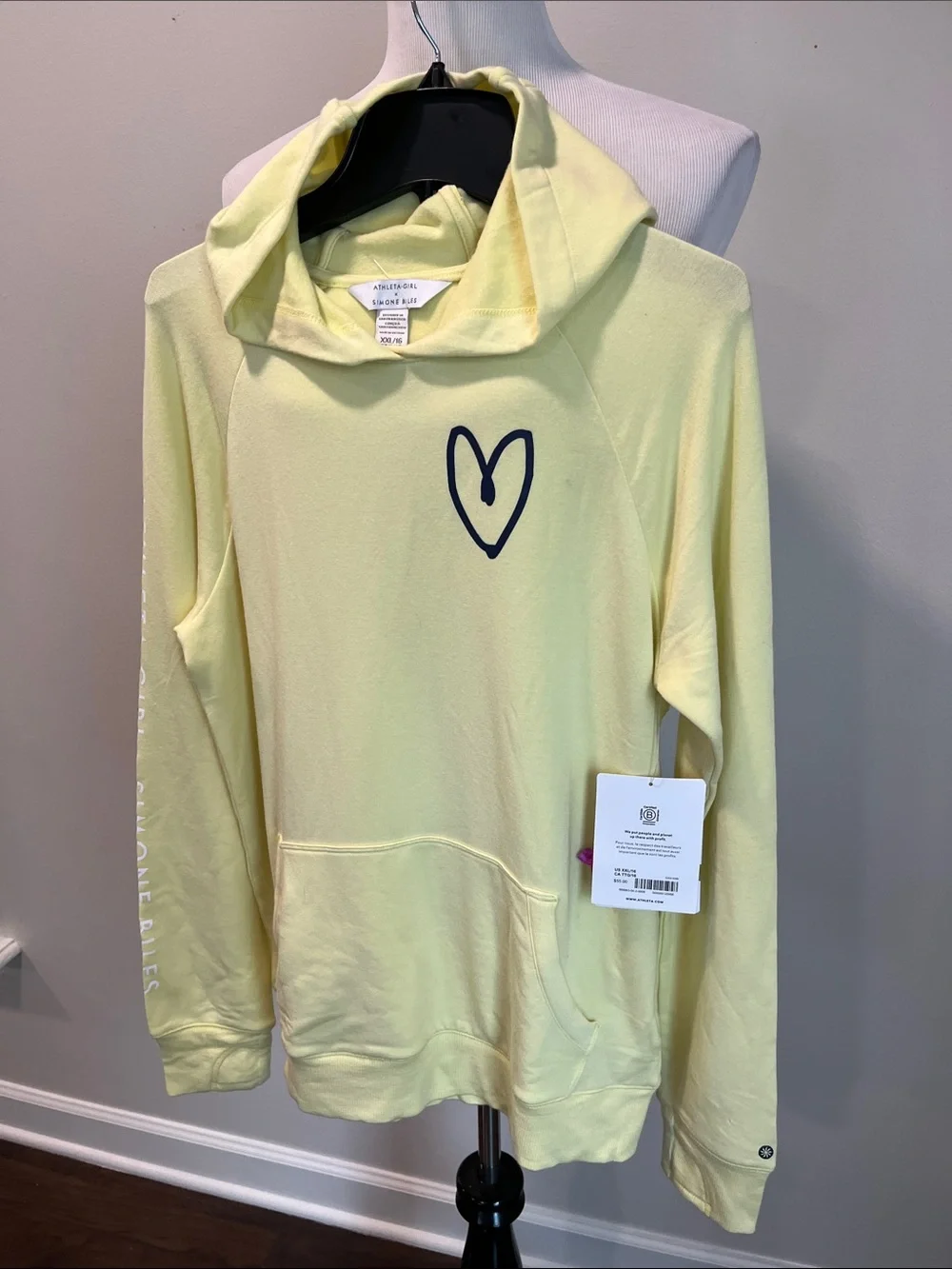 Athleta Girl Simone Biles Pale Yellow Heart Logo Hoodie Sweater Retail $55